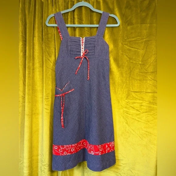 Vintage 1970s Blue & Red Handkerchief Print Lace Up Mini Dress. Size XS - Picture 3 of 8